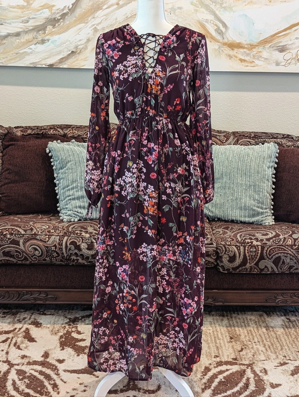 Floral Lace-Up Long Sleeve Maxi Dress - Plum Floral